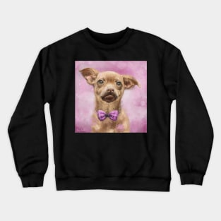 Painting of Cute Brown and Chihuahua With a Bowtie on Pink Background Crewneck Sweatshirt